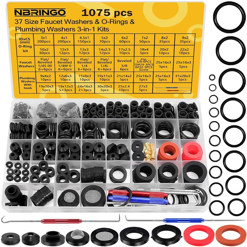 NBRINGO 1075 PCS 37 Sizes 3-in-1 Universal Plumbing Repair Kit Includes O-Rings, Faucet Washers & Sealing Gaskets to Fix Leaky Faucets, Hoses, Spigots, Plumbing Fixtures with Pick Hook - Image 1